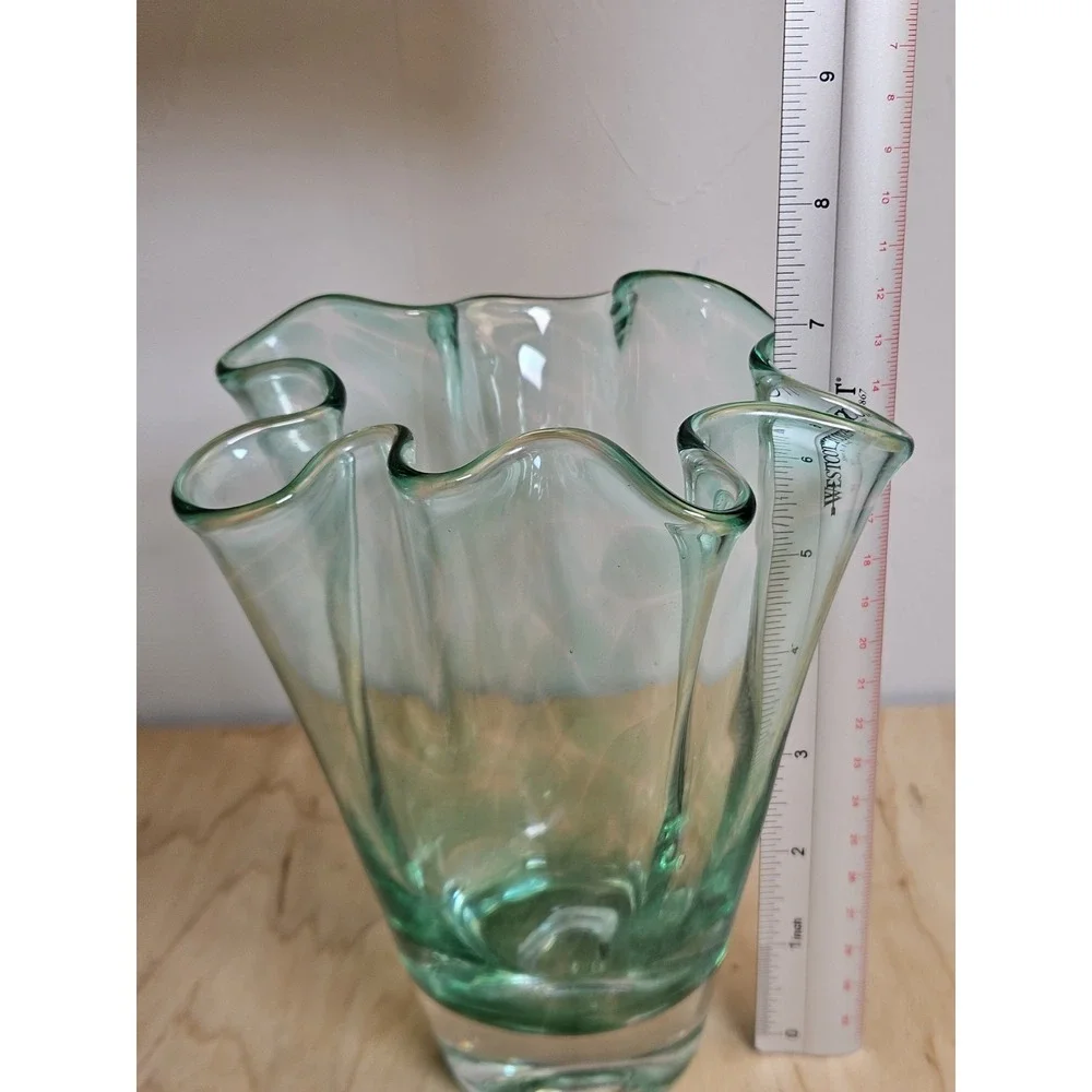Hand Blown Art Glass Vase Clear Green Striped Ruffled Rim 7 Inch Decorative